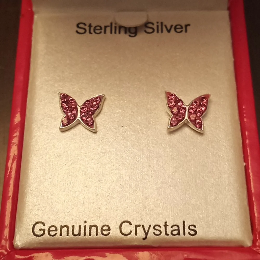 Butterfly Sterling Silver Genuine Crystal Cry Stud Pierced Earrings
